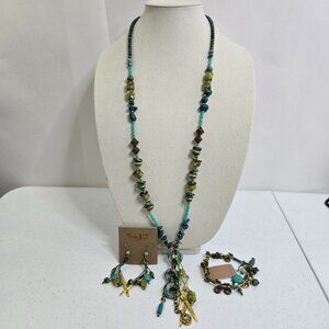 Treska Necklace Earrings Set Bracelet Blue Green Beaded Long Boho Gold Tone New